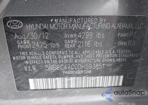 2013 Hyundai Sonata Limited из США, поврежденный, VIN 5NPEC4AC0DH593851